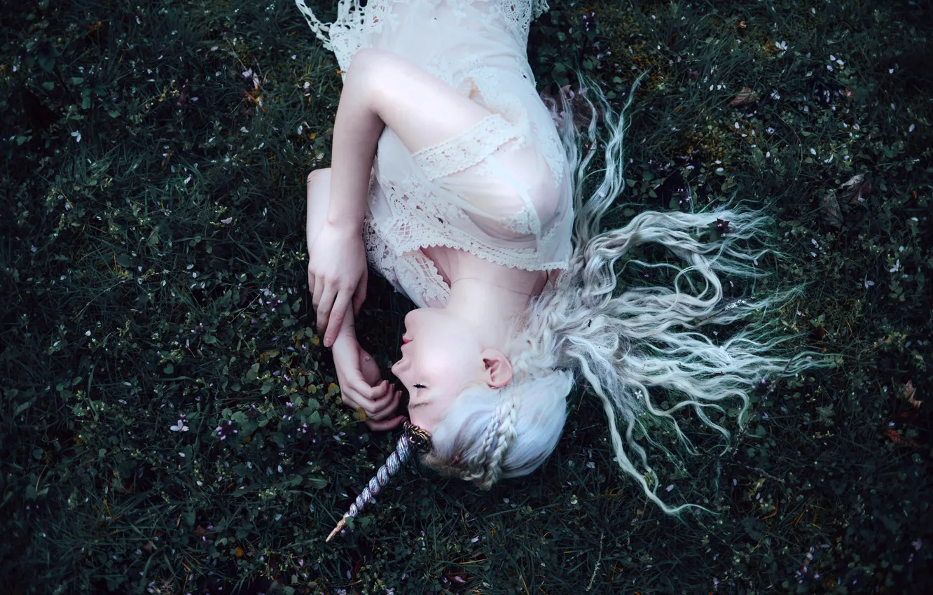 Photo wallpaper girl, style, fantasy, unicorn, image, in white, nymph, photoart