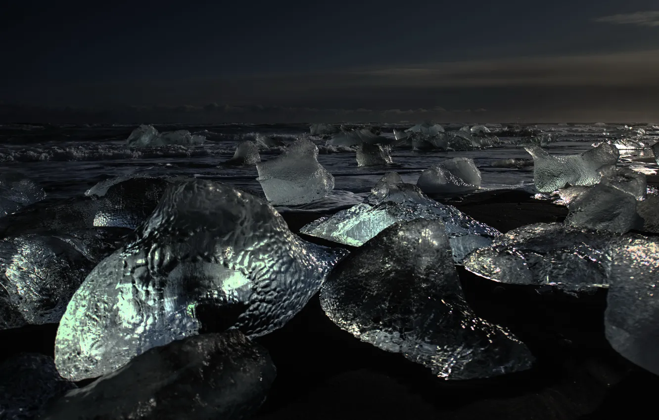 Photo wallpaper sea, night, shore, ice