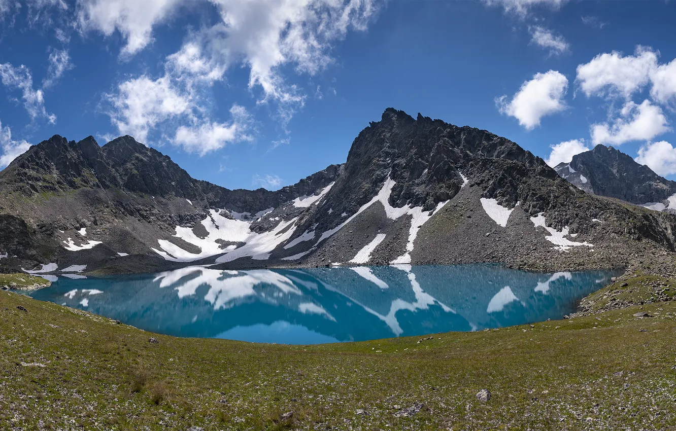Photo wallpaper clouds, mountains, lake, reflection, blue