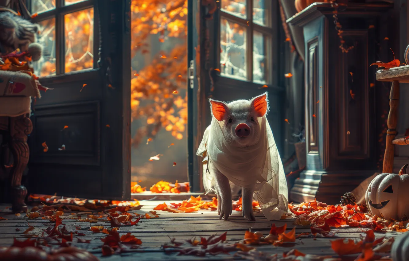 Photo wallpaper Halloween, pig, neural network, pig, look, holiday, AI art, autumn