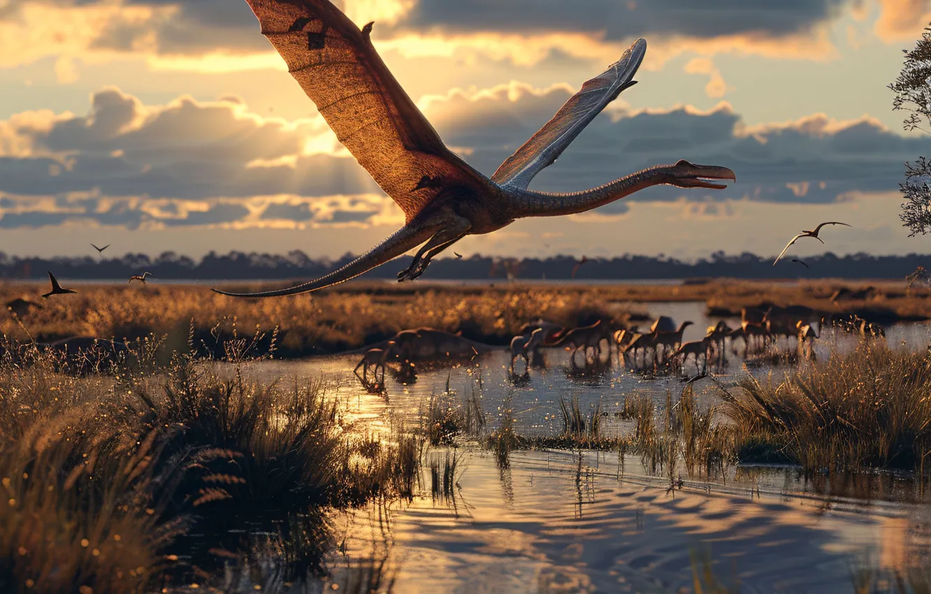 Photo wallpaper clouds, flight, lake, animal, wings, dinosaur, pterodactyl, digital art