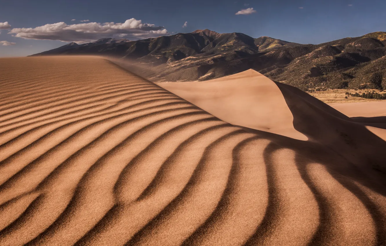 Photo wallpaper sand, the sky, clouds, line, mountains, the dunes, desert, the slopes
