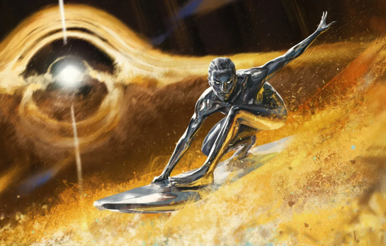 Photo wallpaper gold, surfing, silver surfer, Fantastic Four, comix