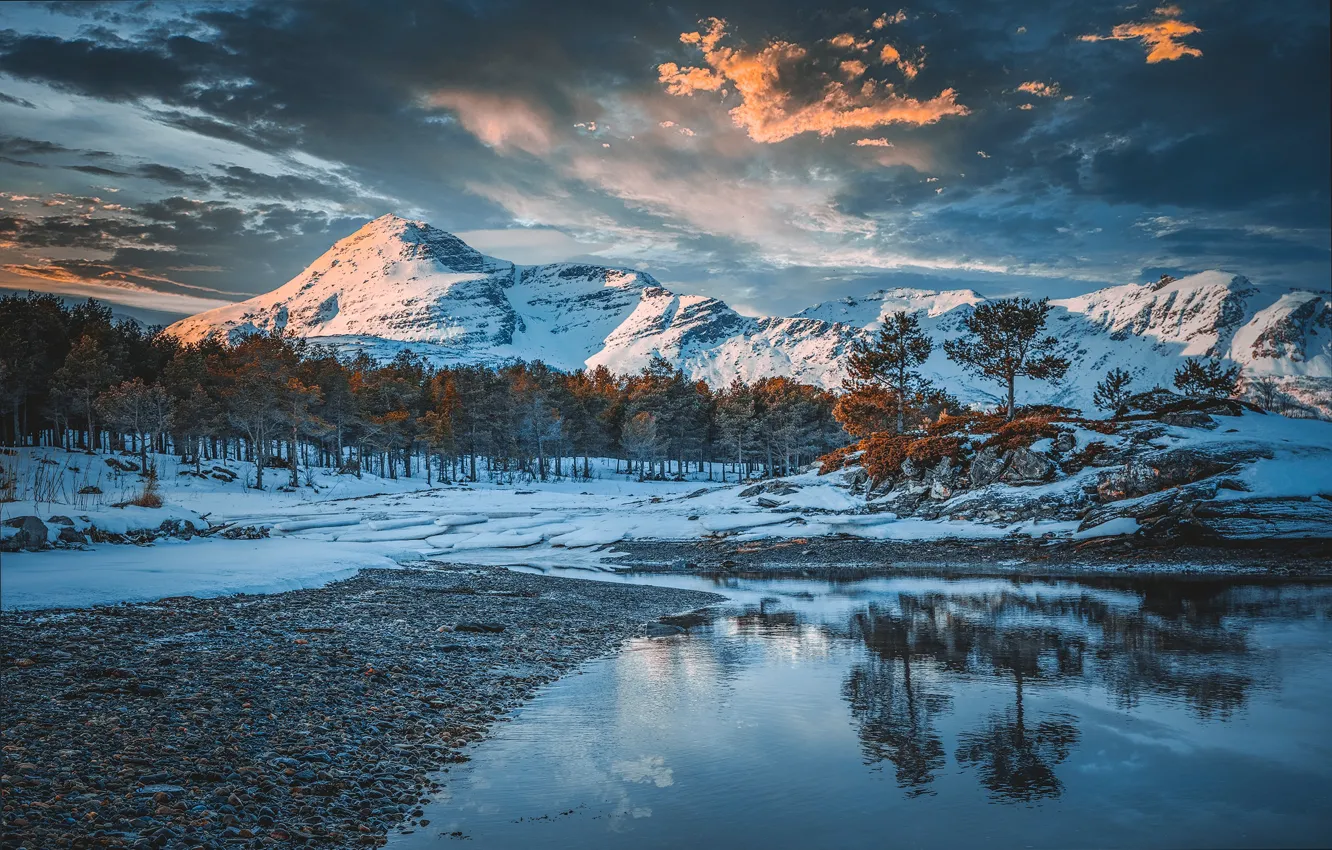 Photo wallpaper winter, water, snow, trees, mountains, Norway, Todor Bozhkov