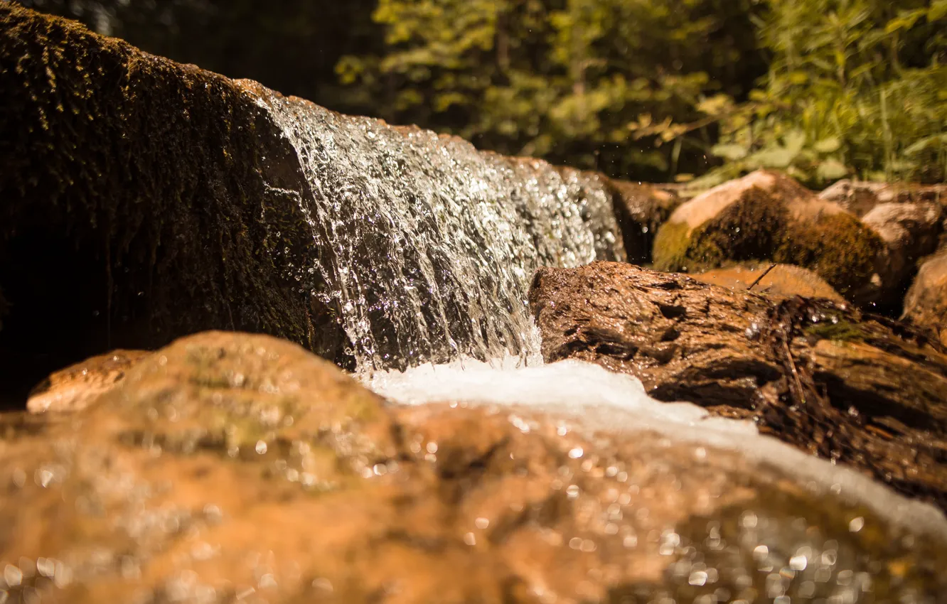 Photo wallpaper water, macro, light, squirt, nature, stream, stones, for