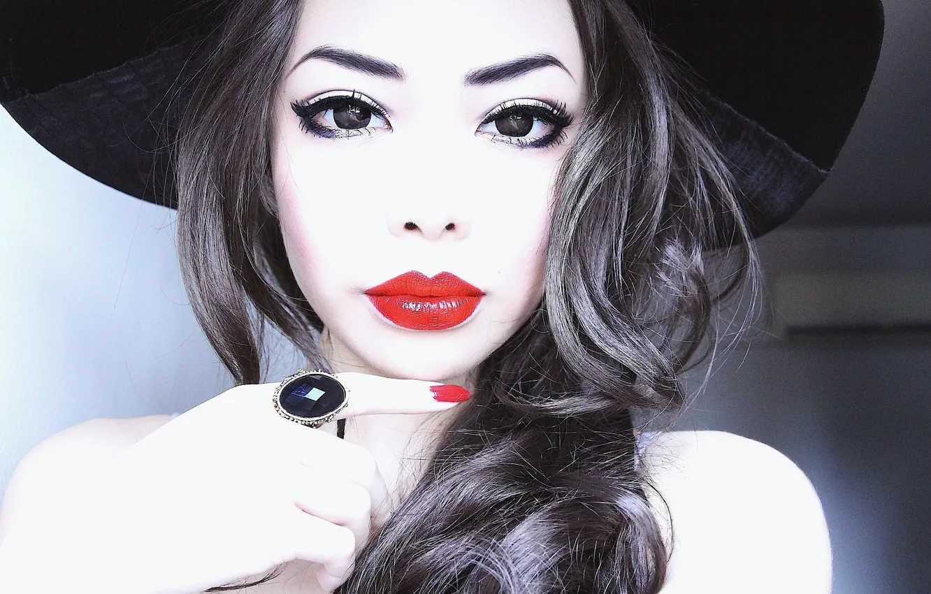 Photo wallpaper girl, model, hat, red lips, Wylon To Hayashi