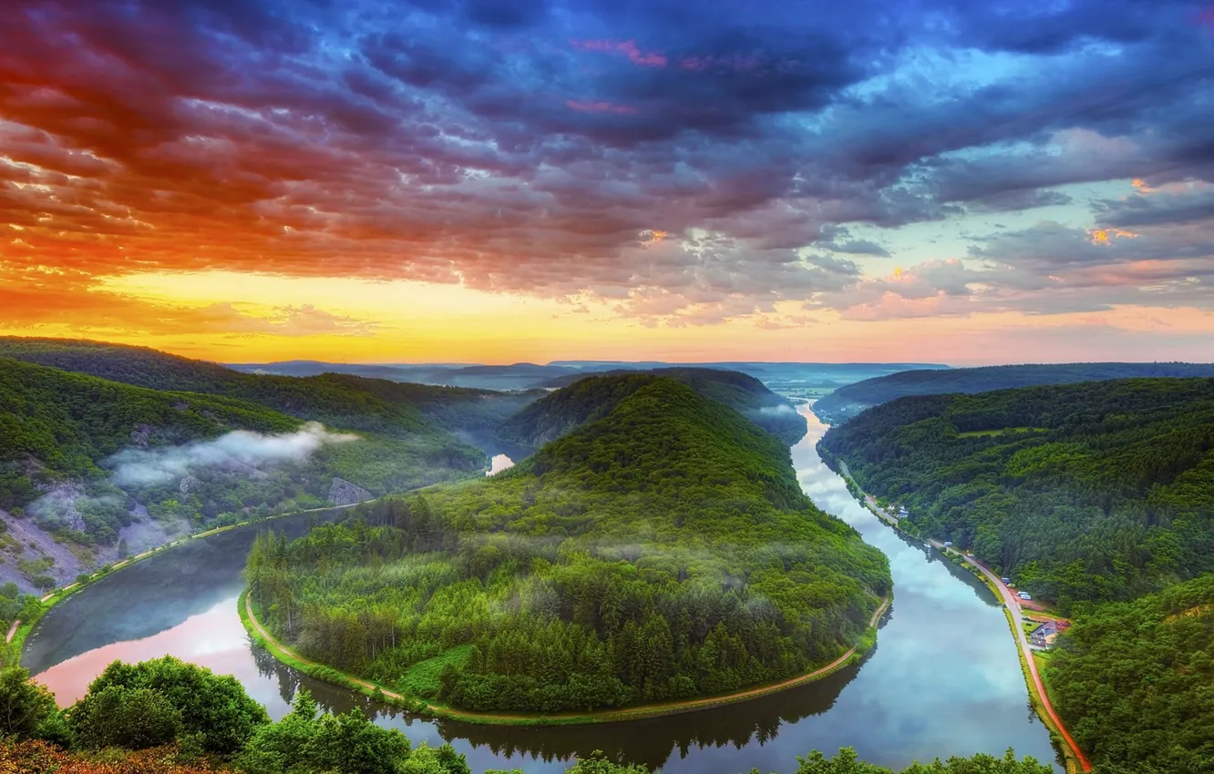 Photo wallpaper forest, clouds, trees, landscape, sunset, river, photos, HDR photography