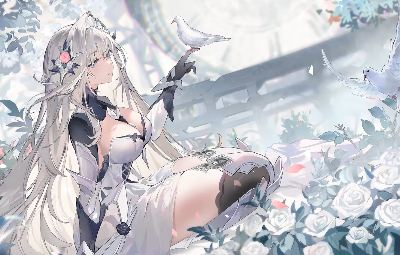 Photo wallpaper flowers, roses, beauty, anime, pigeons, white hair, anime, bust