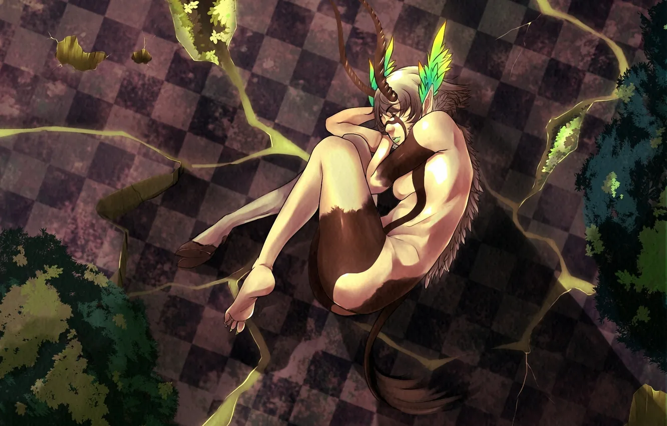 Photo wallpaper girl, cracked, animal, art, tail, floor, horns, the bushes