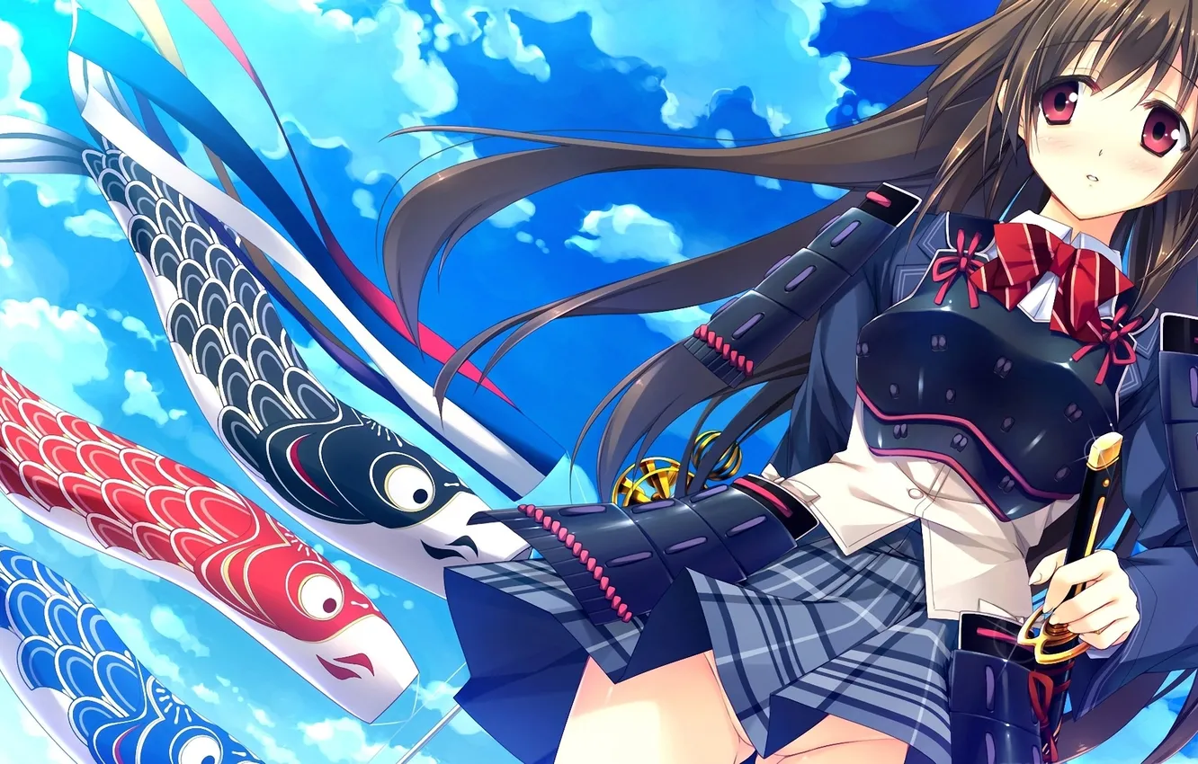 Photo wallpaper girl, clouds, sword, armor, form, kites, seek was yuki'no