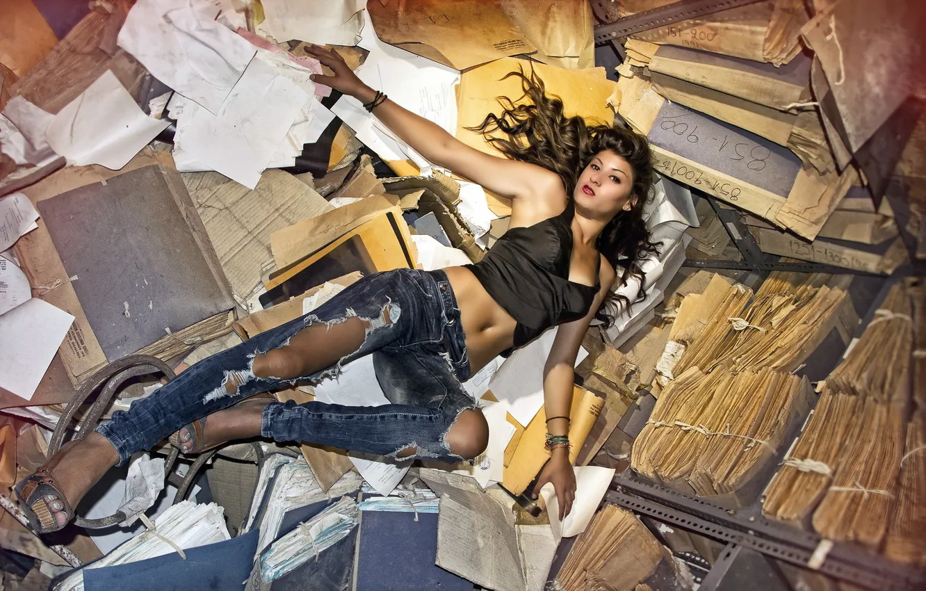 Photo wallpaper girl, paper, library