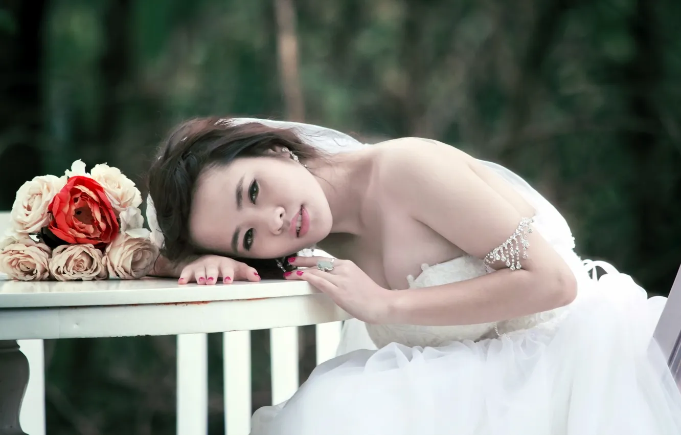 Photo wallpaper girl, flowers, mood, the bride