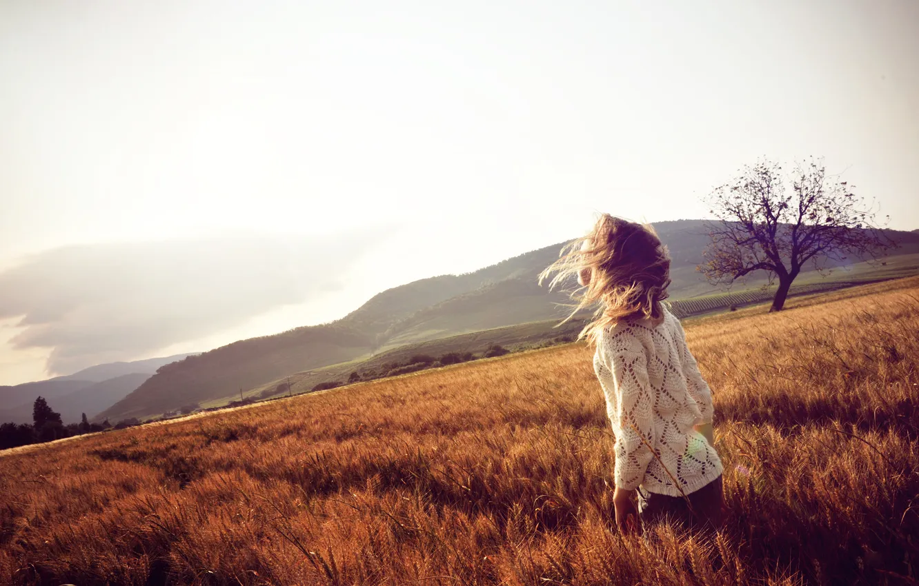 Photo wallpaper field, girl, the wind, hair, spikelets