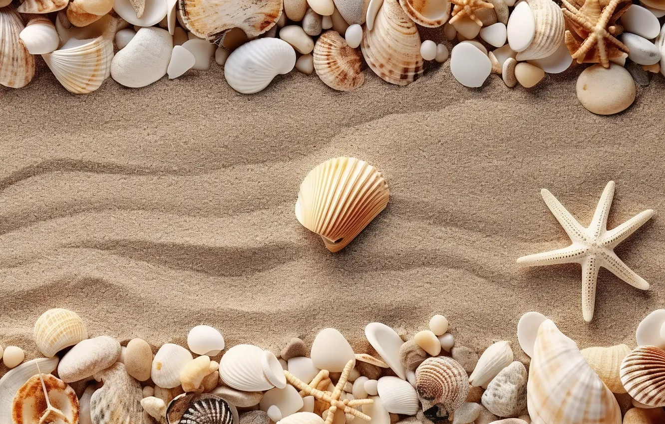 Photo wallpaper sand, beach, background, shell, beach, texture, background, sand