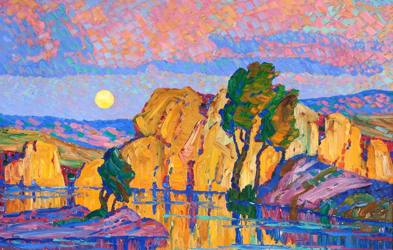 Photo wallpaper the sky, trees, landscape, lake, rocks, the moon, picture, Wild Horse Creek