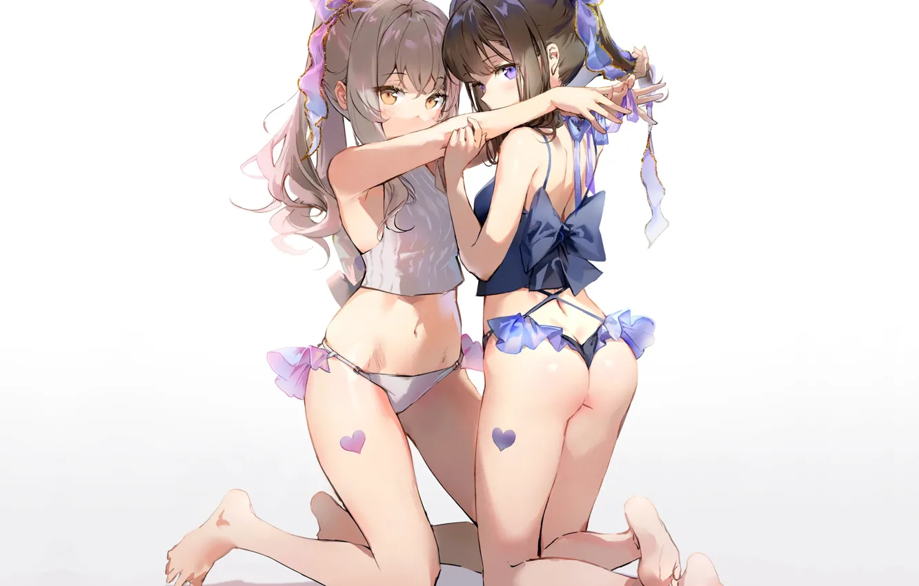 Photo wallpaper barefoot, bow, on my knees, two girls, in the arms of, In lingerie, by Anmi
