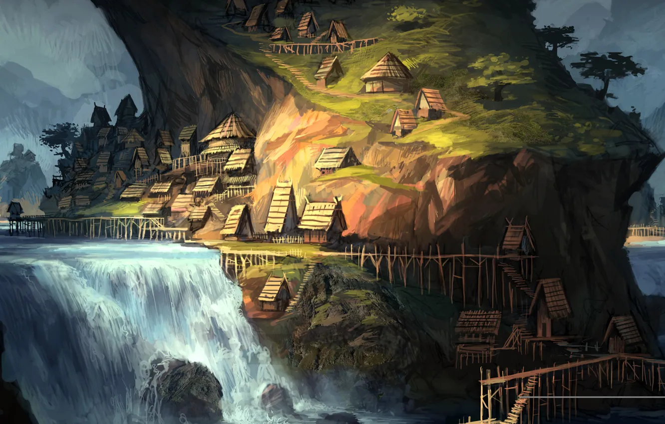 Photo wallpaper landscape, river, fantasy, waterfall, village