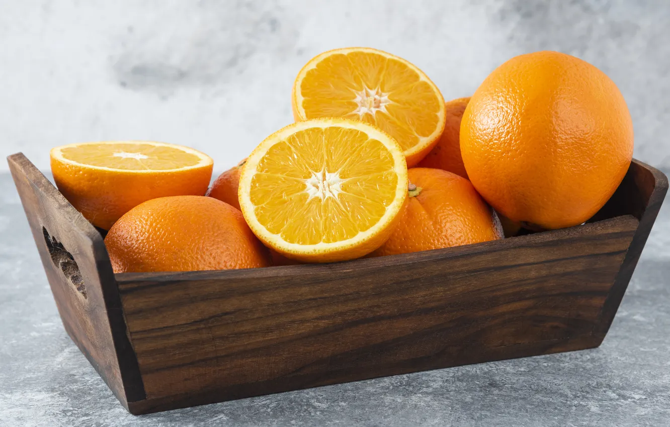 Photo wallpaper table, orange, fruit, box, light background, halves, composition