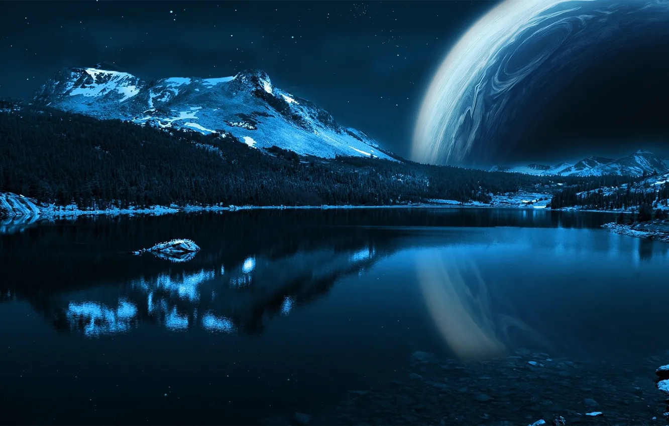Photo wallpaper water, stars, mountains, planet