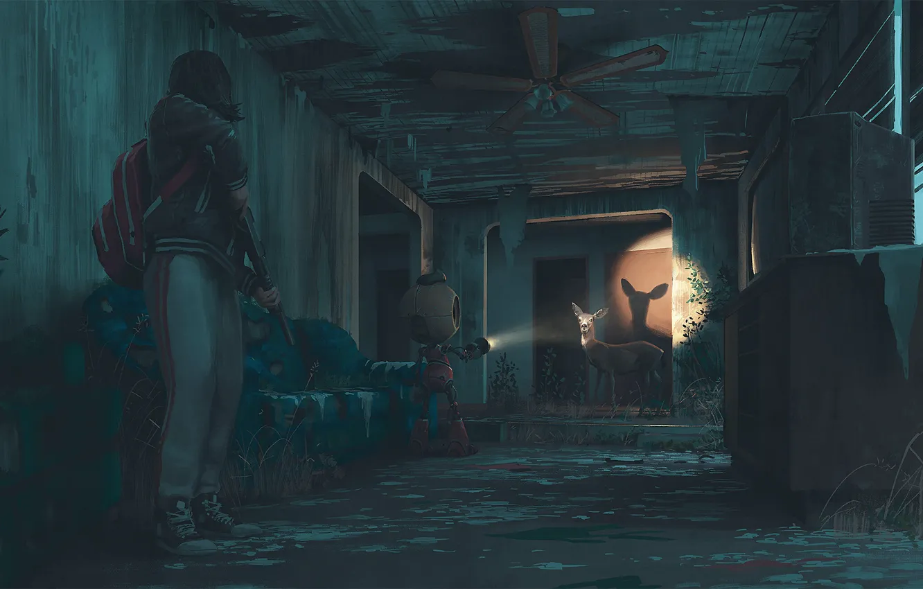 Photo wallpaper weapons, robot, home, fan, deer, flashlight, home