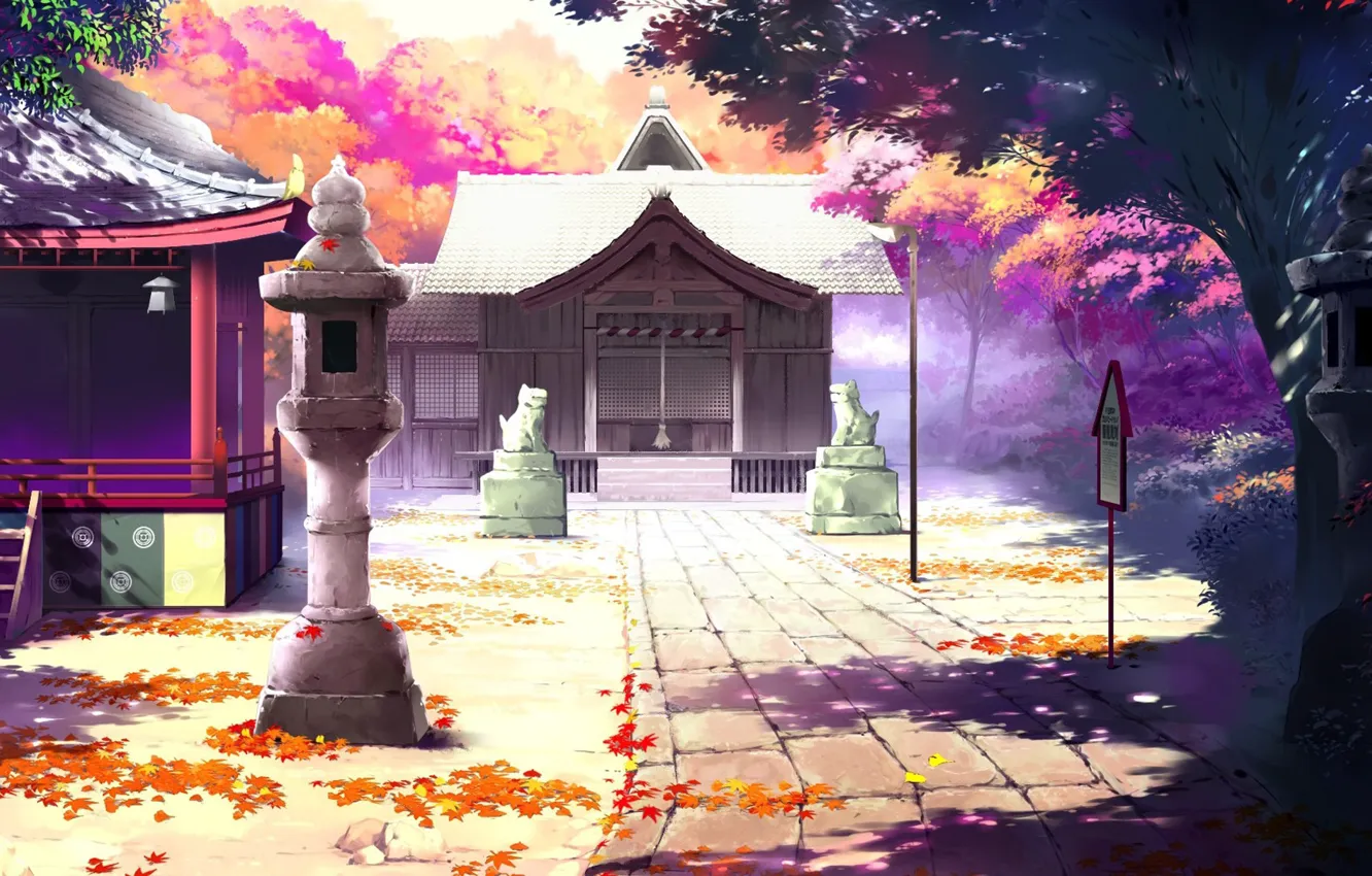 Photo wallpaper autumn, leaves, Japan, lights, track, temple, statue