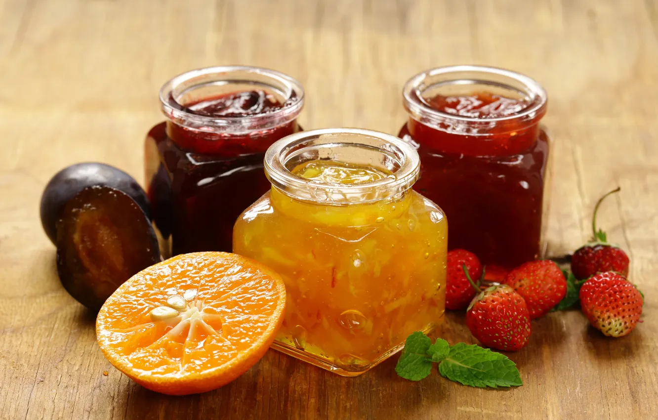 Photo wallpaper red, rustic, orange, kiwi, jam, natural, jar, marmalade