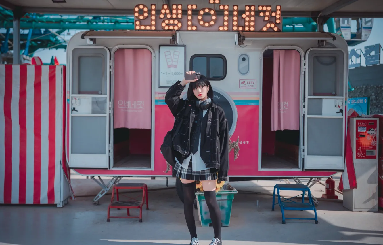 Photo wallpaper photo, headphones, sweet baby, Japanase, japanece girl, girl in a skirt