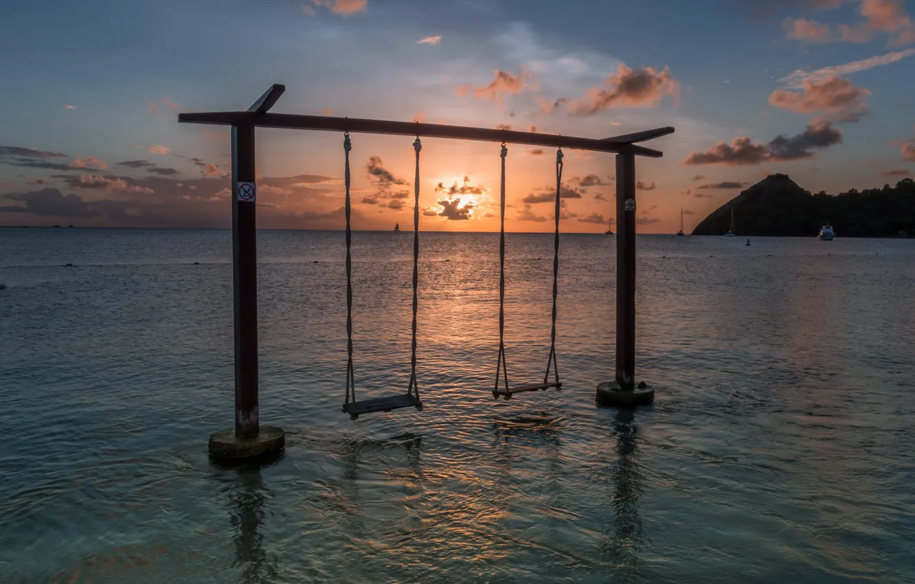 Photo wallpaper sea, sunset, swing