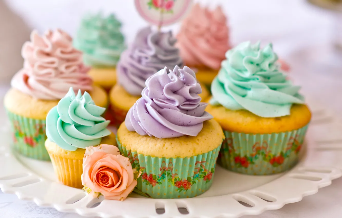 Photo wallpaper rose, sweets, cream, dessert, cakes, dish, cupcakes