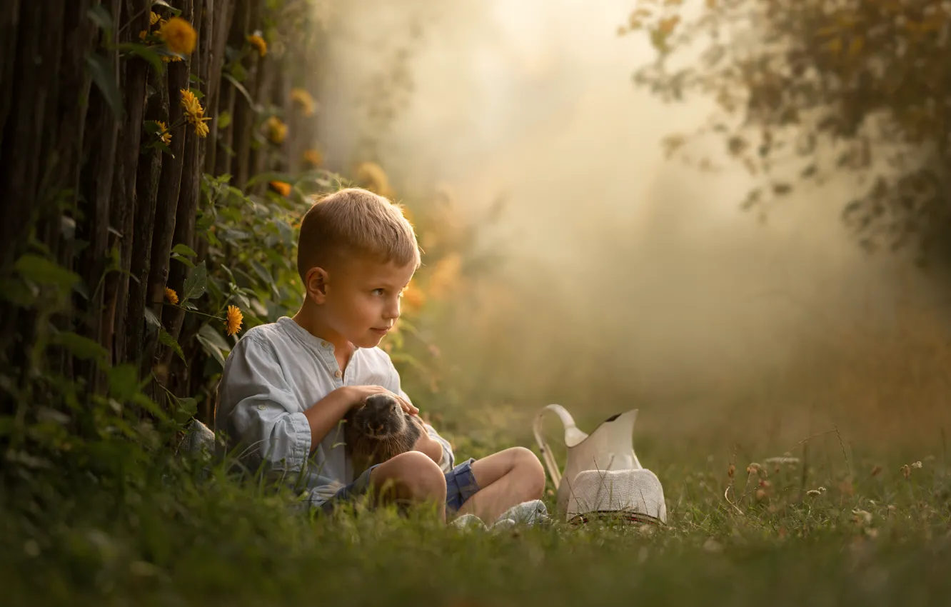 Photo wallpaper nature, boy, rabbit