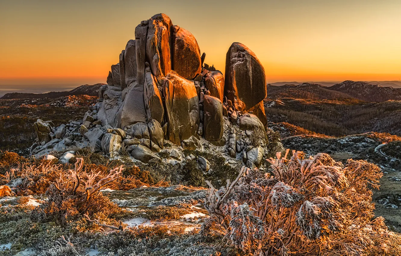 Photo wallpaper the sky, snow, sunset, stones, rocks, desert
