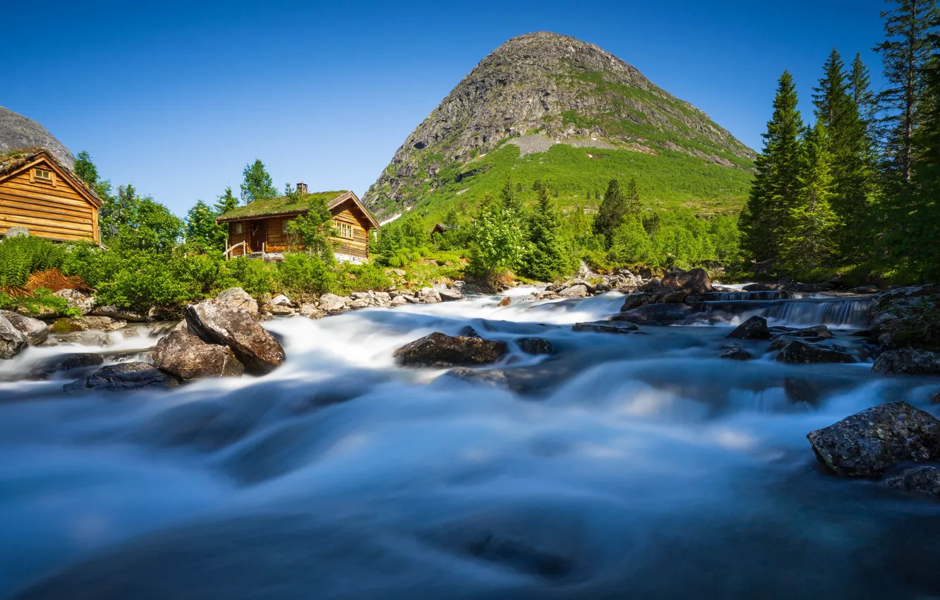 Photo wallpaper trees, mountains, river, stones, Norway, house