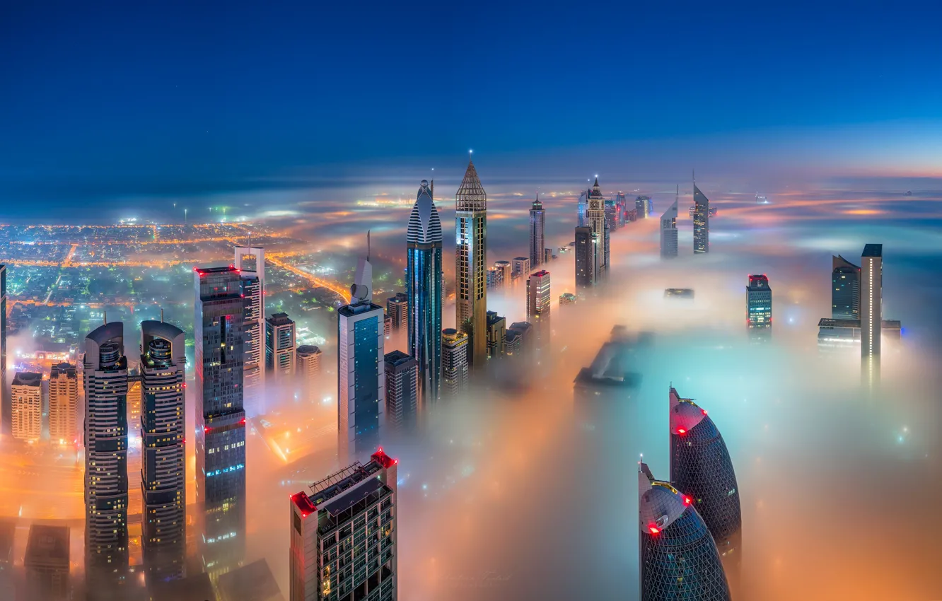 Photo wallpaper the sky, the city, lights, fog, home, skyscrapers, the evening, panorama