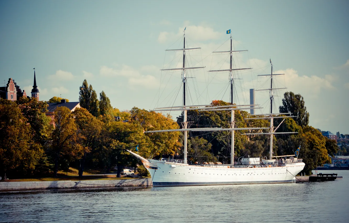 Photo wallpaper autumn, sailboat, pier, Sweden, Stockholm, three-masted