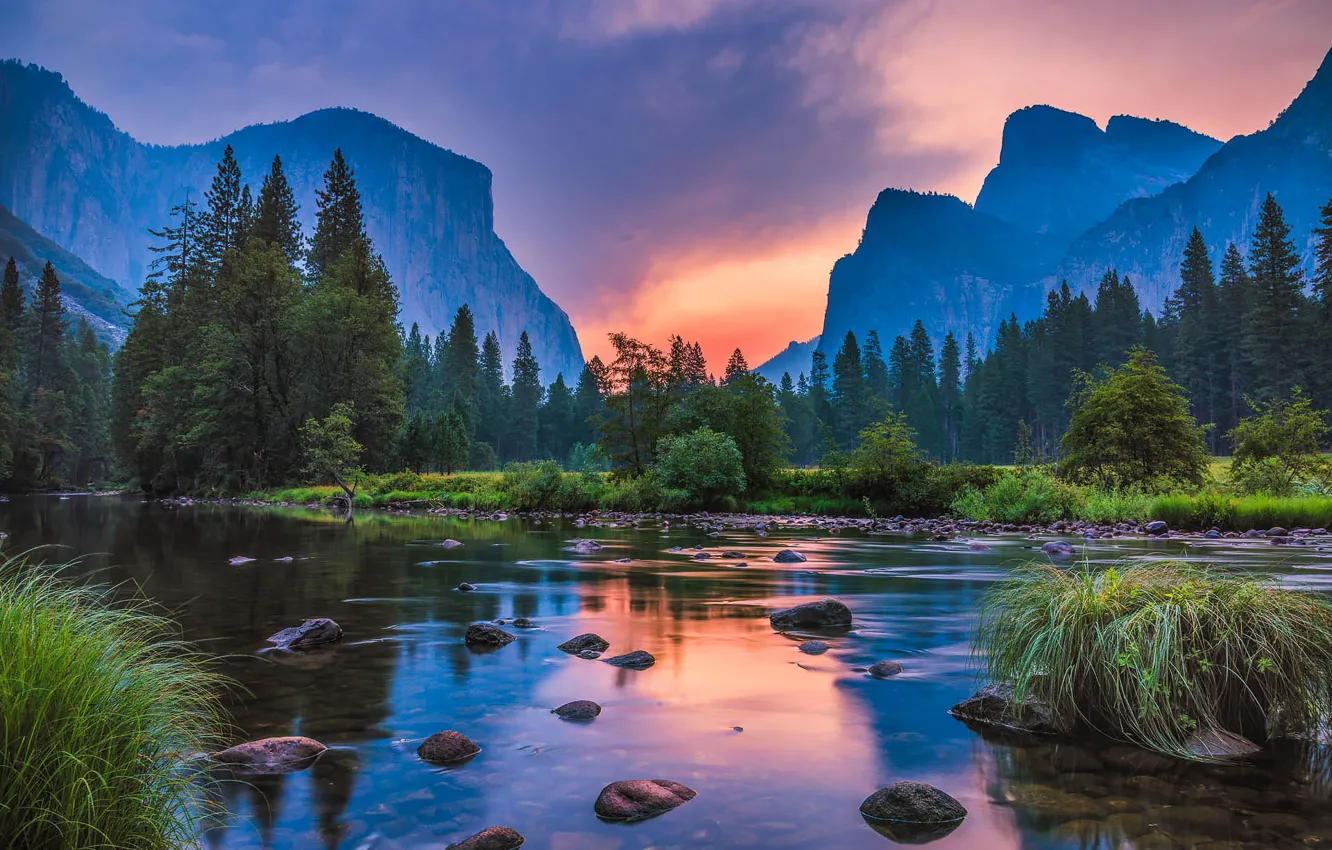 Photo wallpaper landscape, sunset, mountains, nature, CA, Yosemite