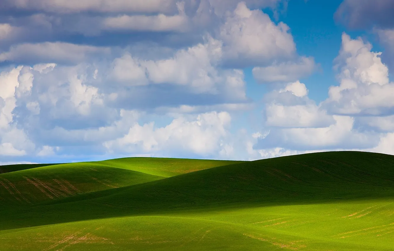 Photo wallpaper field, clouds, hills