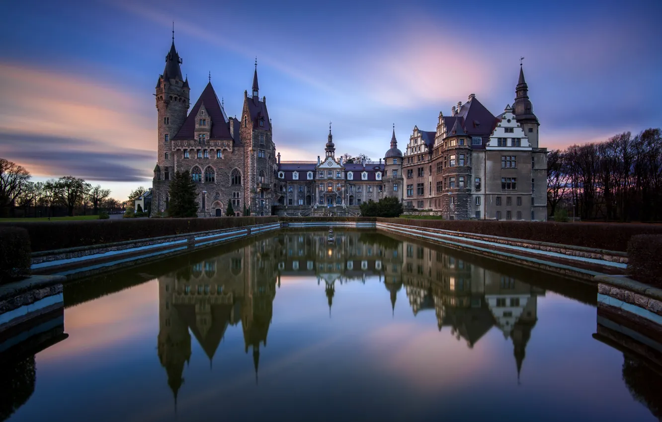 Photo wallpaper sunset, the city, pond, photo, castle, dawn, Poland, Moszna