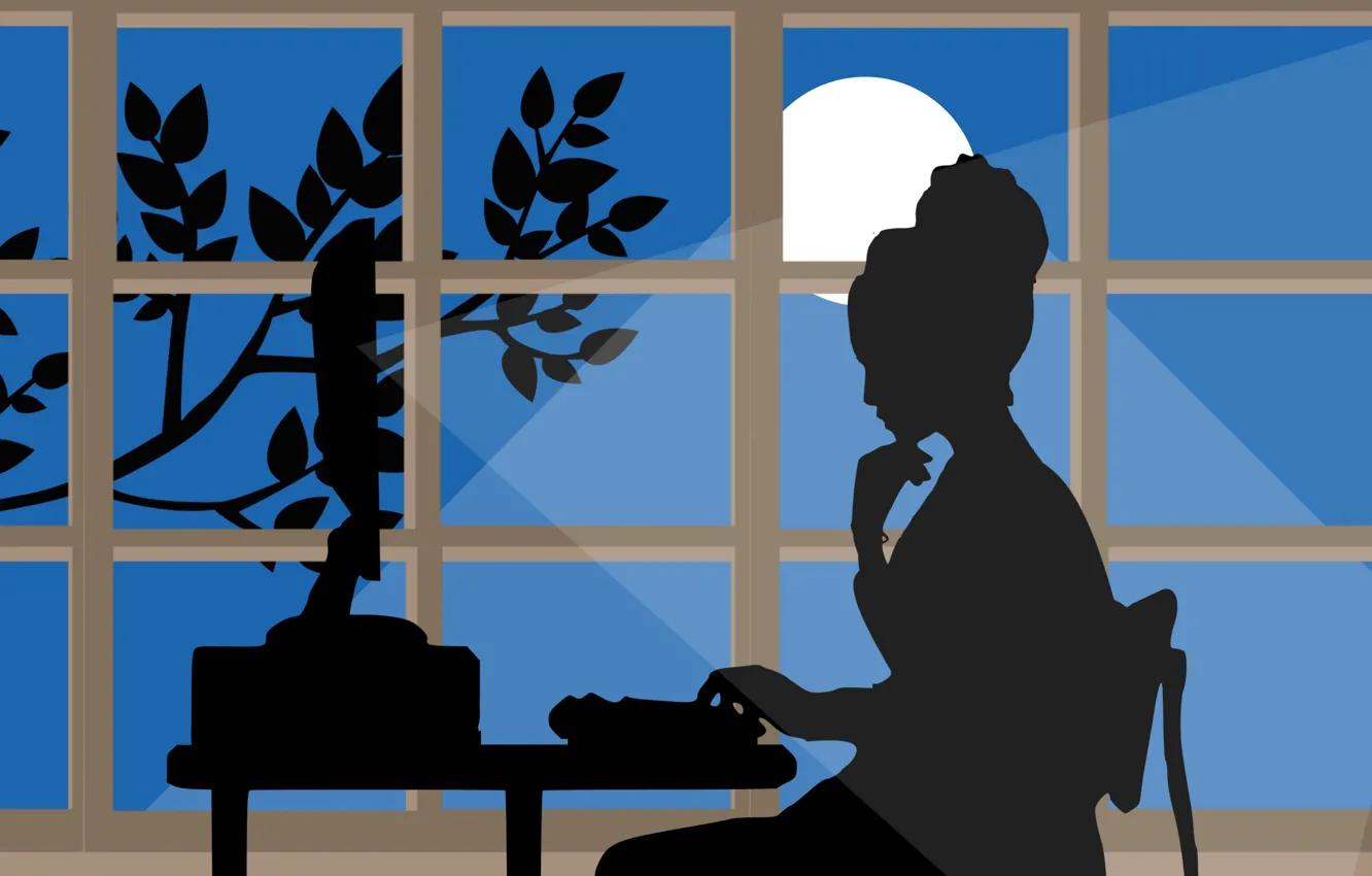 Photo wallpaper computer, girl, work, fatigue, the evening, silhouette, later
