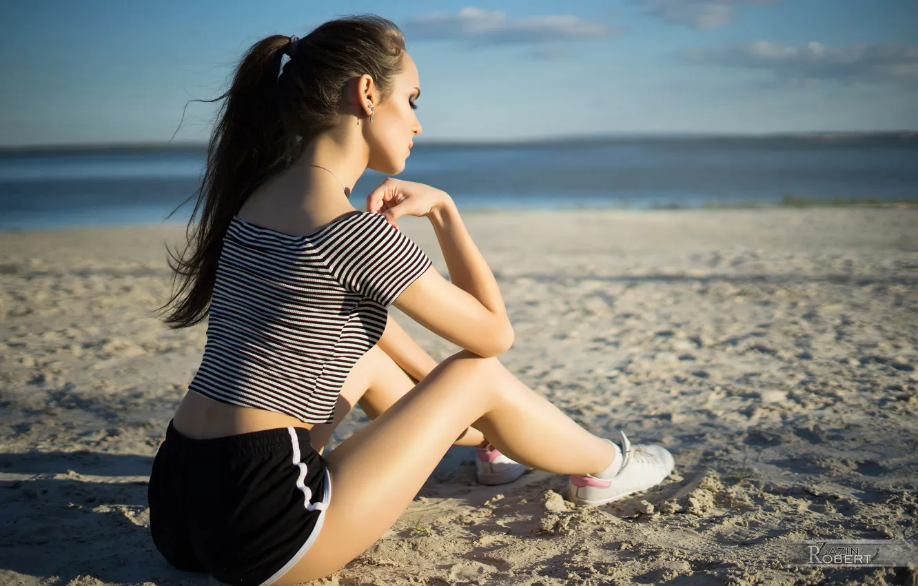 Photo wallpaper sand, beach, the sun, landscape, pose, river, model, shorts