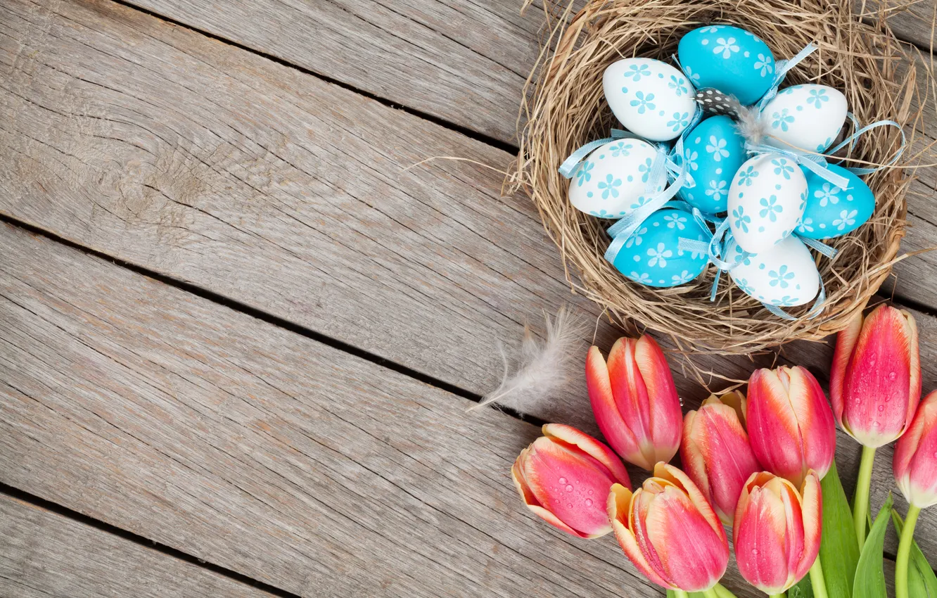 Photo wallpaper flowers, eggs, spring, colorful, Easter, tulips, red, wood