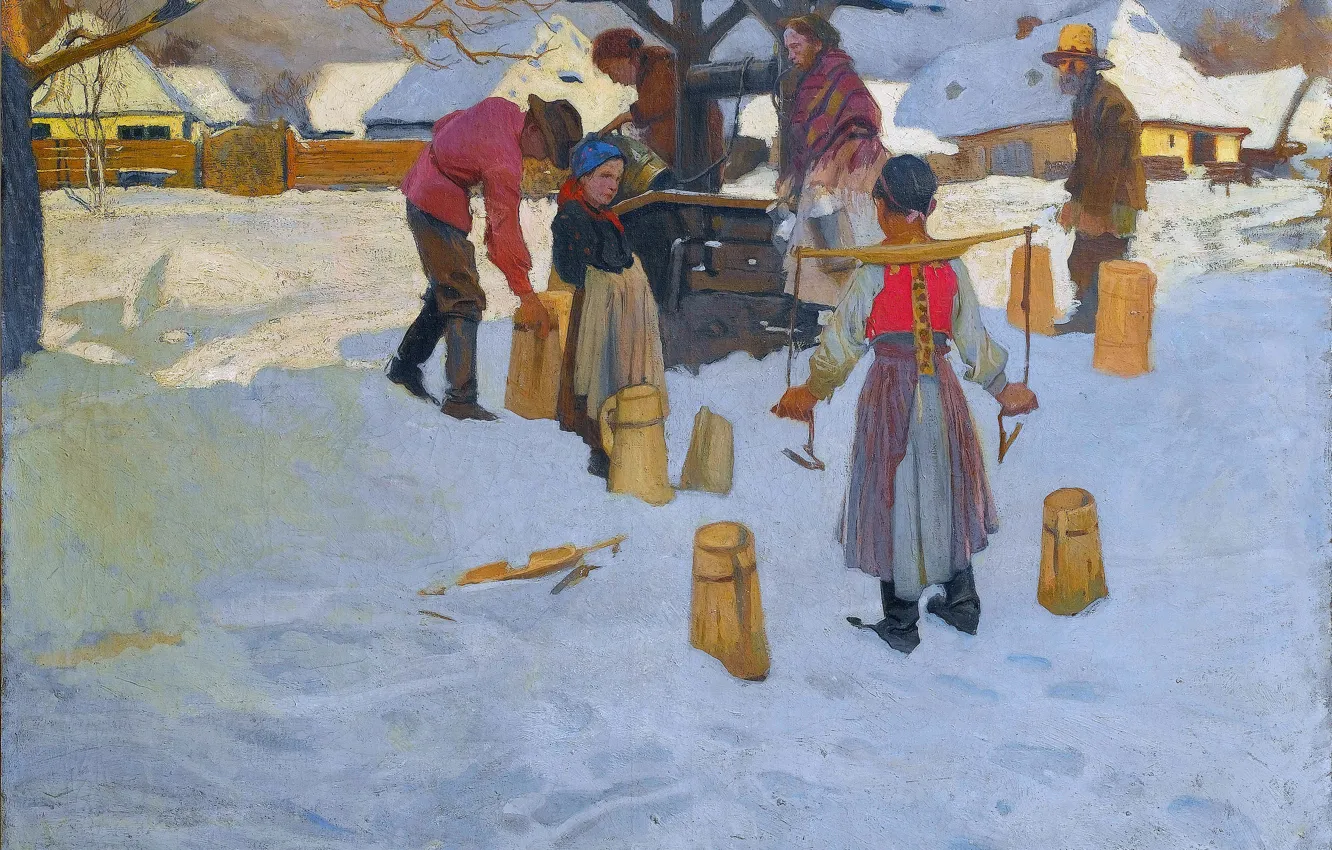 Photo wallpaper Winter, Snow, People, Picture, Family, Well, Alfons Karpinski, Family at the well