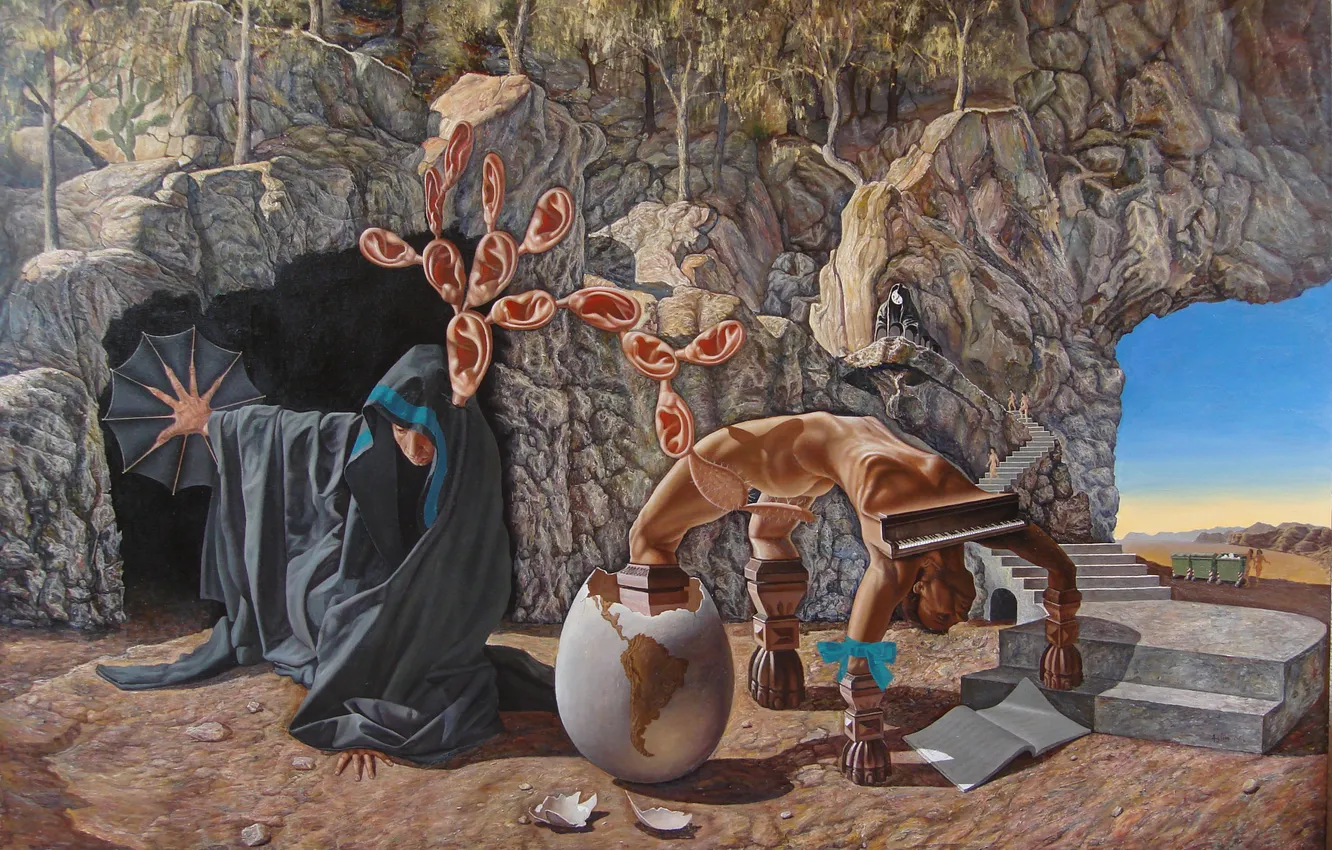 Photo wallpaper surrealism, eggs, piano, ladder, ears, absurd, Agim Meta