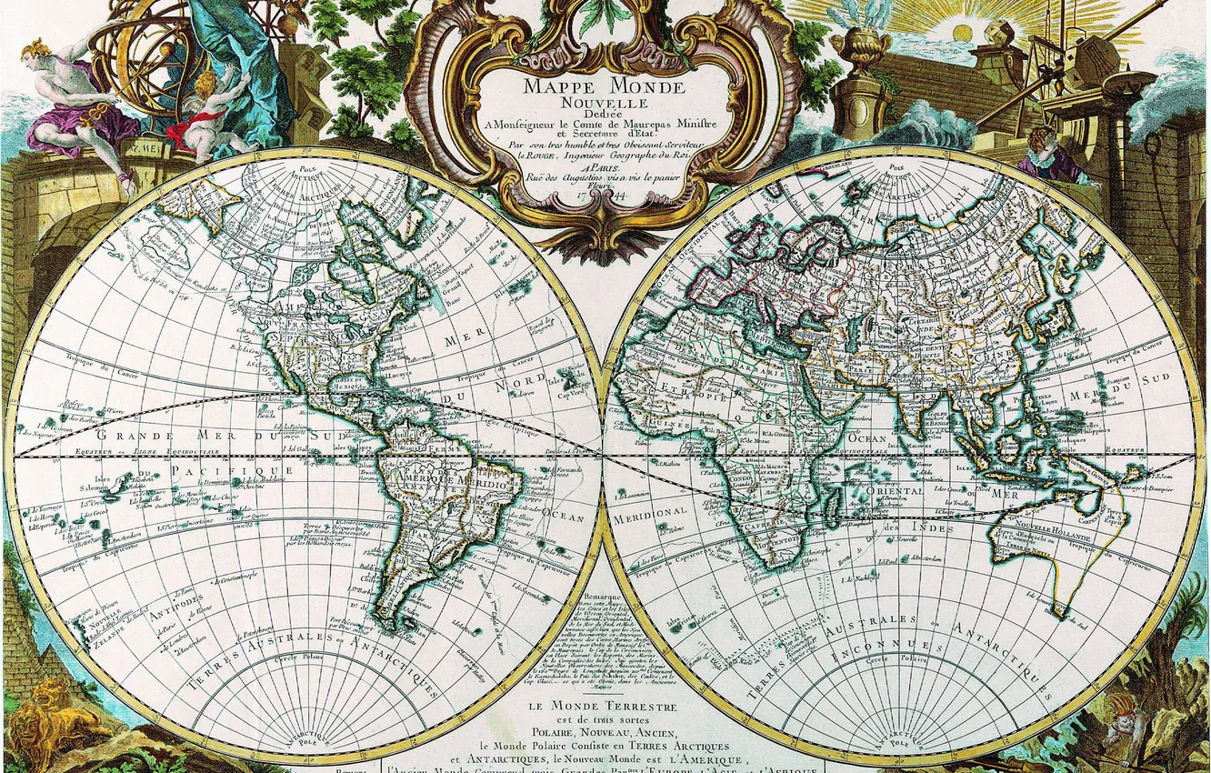Photo wallpaper map, antiquity, hemisphere, 1744, mappe monde
