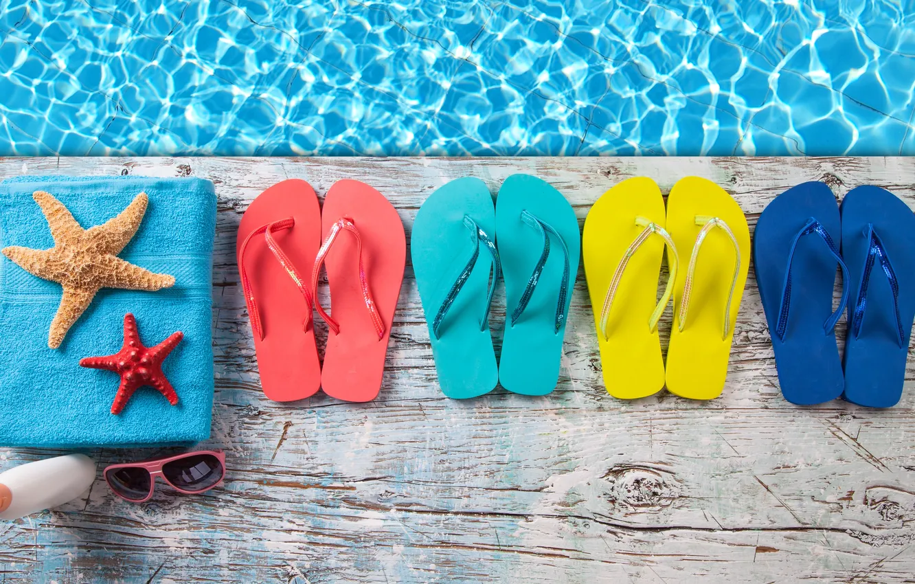 Photo wallpaper water, Board, towel, hat, glasses, starfish, cream, slates