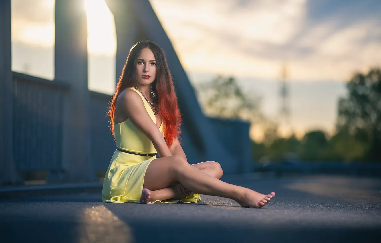 Photo wallpaper girl, hair, dress, legs, bokeh