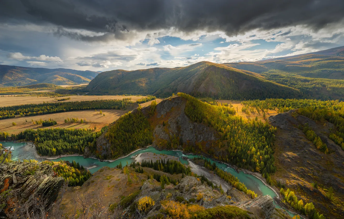 Photo wallpaper clouds, mountains, hills, horizon, river, Rustem Dikov