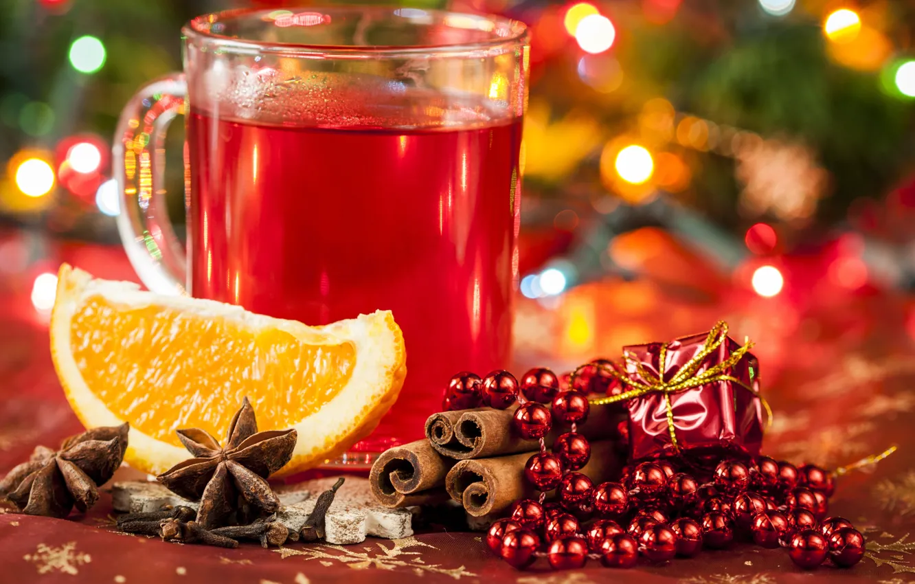 Photo wallpaper orange, New Year, Christmas, Cup, beads, drink, cinnamon, holidays