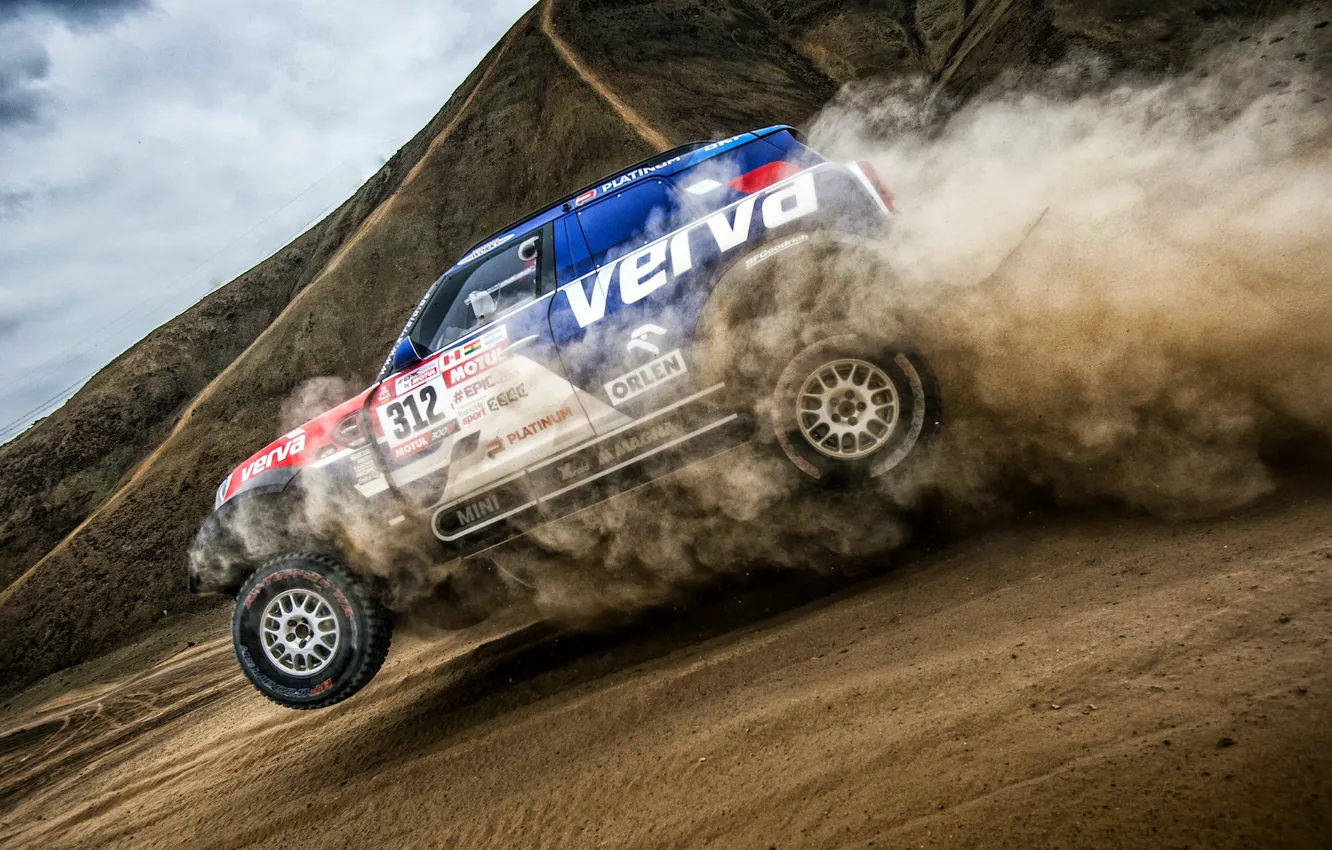 Photo wallpaper auto, race, sport, desert, speed, Mini, dust, SUV