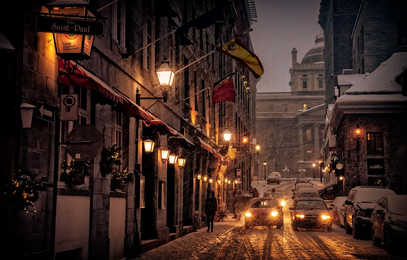 Photo wallpaper winter, snow, the city, street, home, the evening, lights