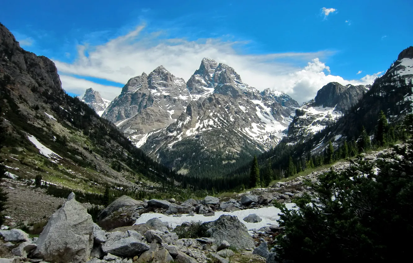 Photo wallpaper mountains, freshness, rocks, blue sky
